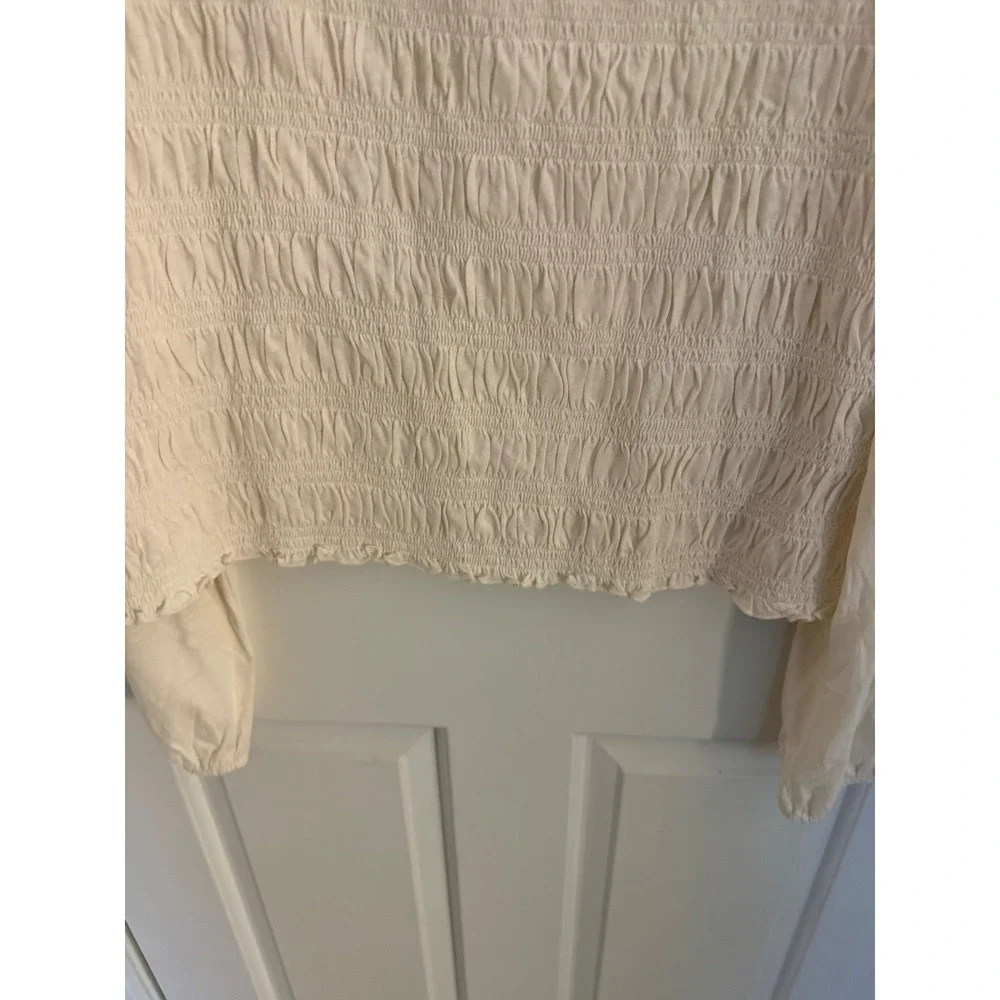 Madewell Cream Smocked Long Sleeve Puff Shoulder Blouse XXL Ivory Scoop Neck